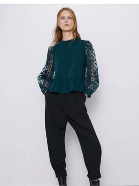 Zara bottle green peplum blouse with organza sleeves L